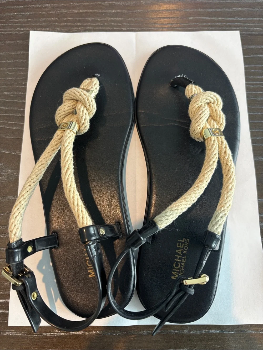 Michael Kors Black Leather Sandals with Beige Rope Knot Straps